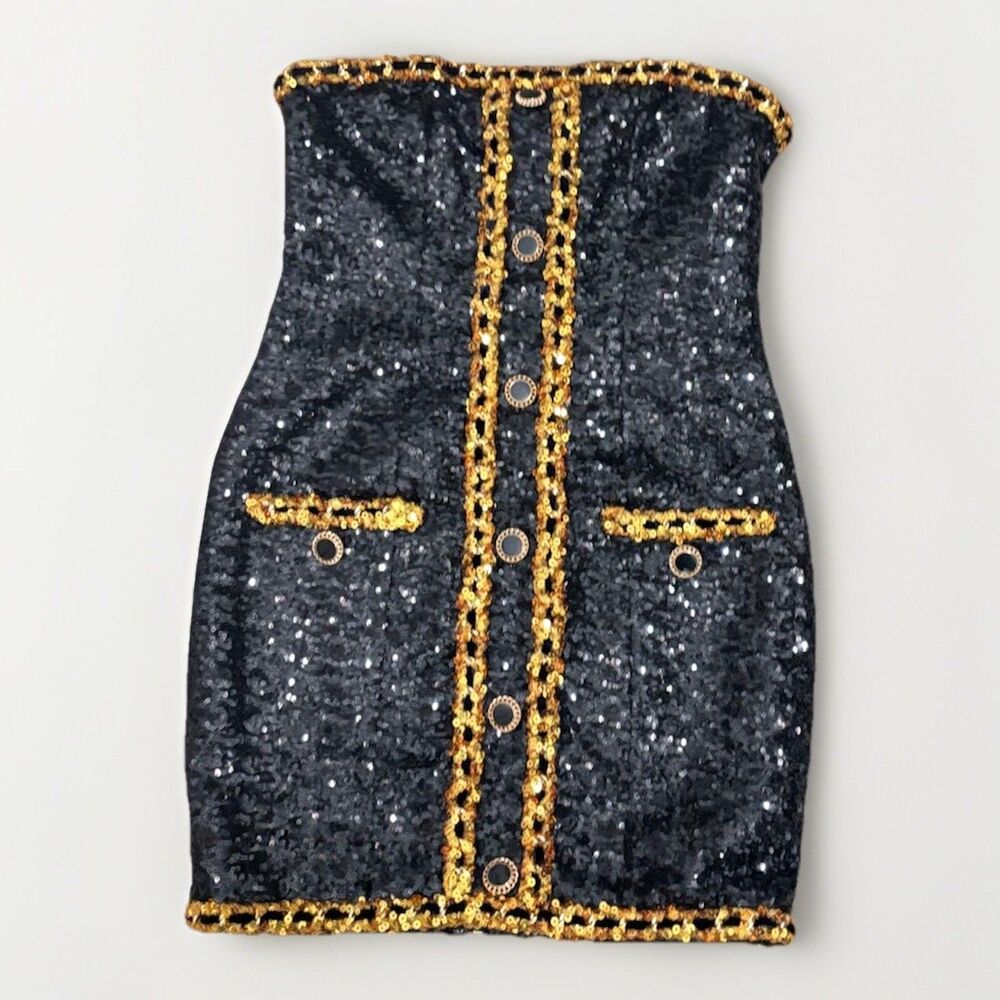 Miss Rosier Eulalia black embellished mini dress Sz S Sequin Gold Party Cocktail - Picture 8 of 16